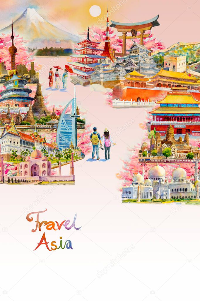  Watercolor painting illustration landmark of Asia. 