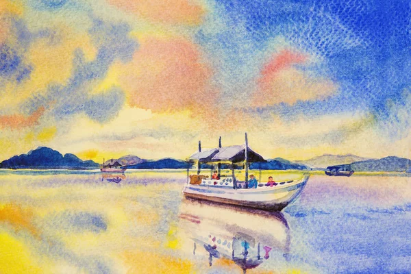 Watercolor painting seascape colorful sky of fishing boat. — Stock Photo, Image