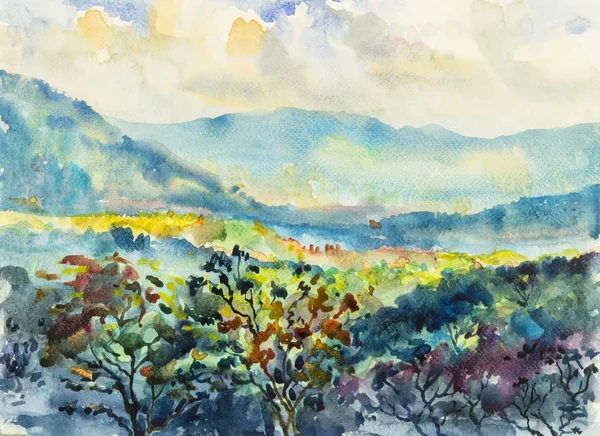 Watercolor landscape painting of mountain range with forest. — 스톡 사진