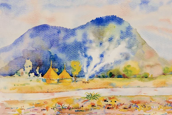 Akwarela krajobraz malarstwo kolorowe góry pola kukurydzy. — Zdjęcie stockowe