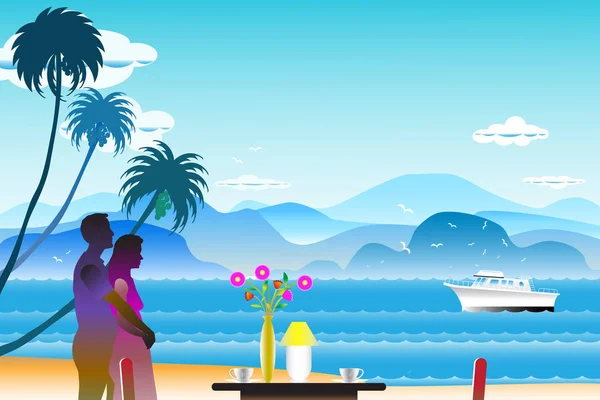 Vector illustration seascape background with the lovers — 스톡 사진