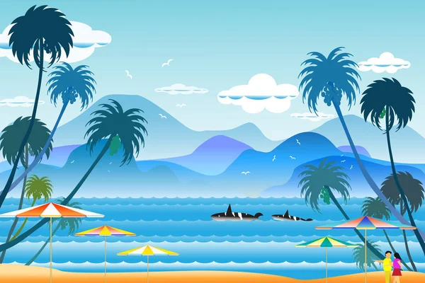 Vector illustration seascape background travel over sea with umb — 스톡 사진