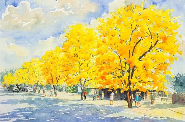 Akvarell festmény sárga, narancs színű arany fa virágok. — Stock Fotó