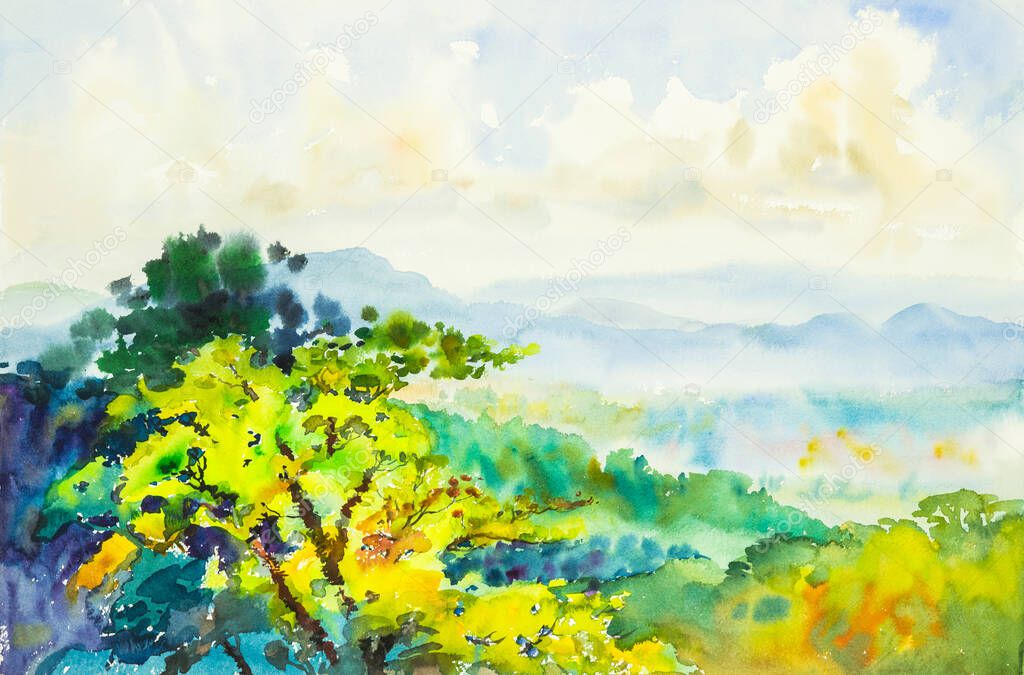 Watercolor original painting  landscape and beautiful trees. 