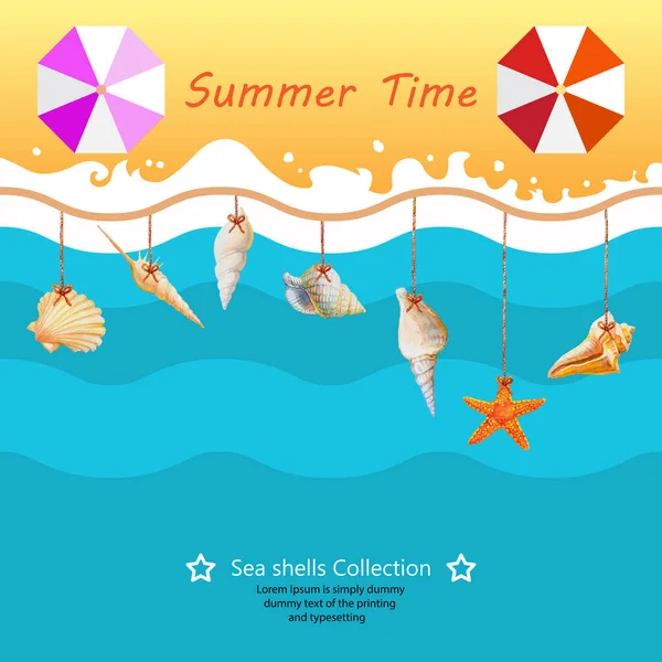 Summer Sea Shells Collection Design Wave Ocean Umbrella Background Watercolor — Stock Photo, Image