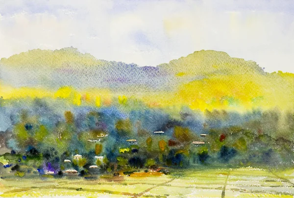 Watercolor Landscape Original Painting Paper Colorful Village Rice Field Morning — Stock Photo, Image