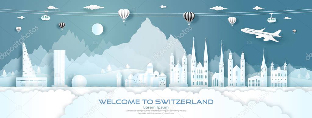 Travel panorama to switzerland top world famous palace and castle architecture. Tour zurich, geneva, lucerne, interlaken, landmark of europe with paper cut. Business brochure design for advertising.