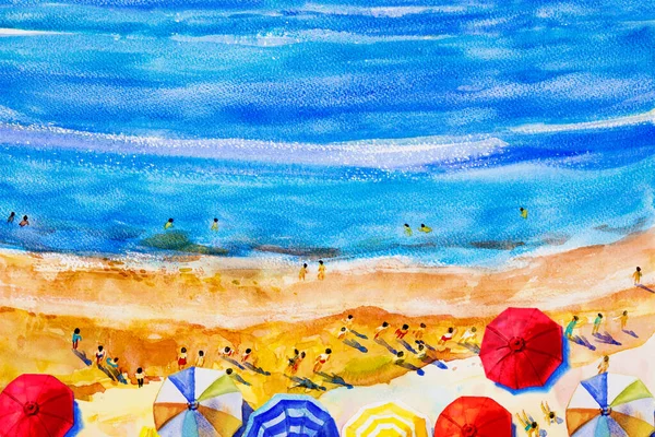 Painting Watercolor Seascape Top View Colorful Lovers Family Summer Holiday — Stock Photo, Image