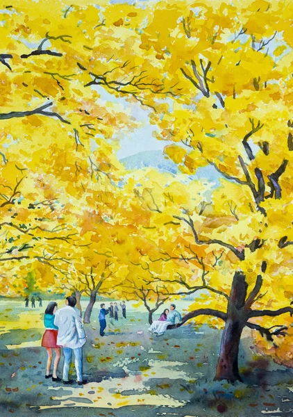 Malarstwo Akwarela Krajobraz Oryginalny Żółty Pomarańczowy Kolor Złotych Kwiatów Drzewa — Zdjęcie stockowe