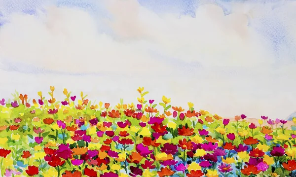 Malarstwo Akwarela Krajobraz Oryginalny Kolorowy Stokrotka Kwiaty Ogrodzie Górskim Wzgórzu — Zdjęcie stockowe