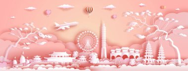 Tayvan 'ın pembe arka planında, uçak ve yelkenli teknesi, panoramik şehir manzarası popüler başkenti ile Çin turu, reklam için Origami kağıt kesim tarzı, Vector illüstrasyon.