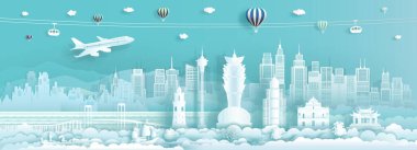 Macau 'nun ünlü Asya şehrinde Çin' i gezin mavi arka planda uçak ve gondolla, panoramik popüler başkenti olan Çin 'i gezin, reklam için Origami kağıt sanatı, Vektör illüstrasyonu.