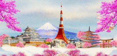 Suluboya resimler, popüler seyahat simgesi mimarisi, ünlü Tur simgeleri dünyası, El resmi Fuji arkaplanı, poster, kartpostal, Vector tarzı çizimler..
