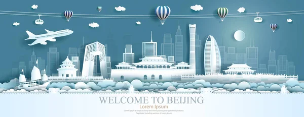 Travel Asia landmarks of Beijing with airplane, sailing boat and balloons, Tour the world to China with panoramic cityscape popular capital, Origami paper cut style for advertising,Vector illustration.
