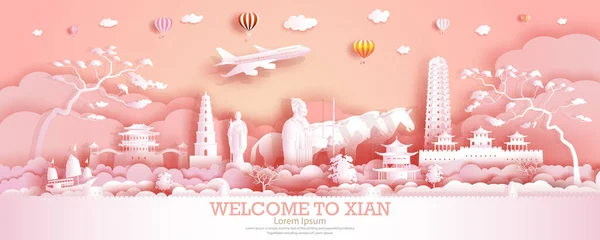 Travel landmarks China in Xian city with ancient warrior, horse and sailboat, Tour landmark retro to history with panorama view on pink background, Origami paper cut style for postcard, advertising