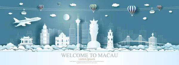 Travel architecture China landmarks in Macau famous city of Asia on blue background with airplane, Tour China with panoramic popular capital, Origami paper art for advertising, Vector illustration.