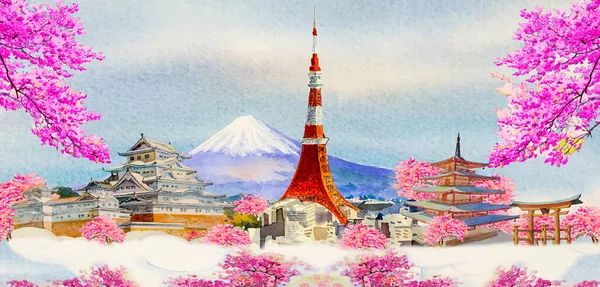 Akvarelové Malby Populární Cestování Mezník Architektura Japonsko Tour Slavné Památky — Stock fotografie