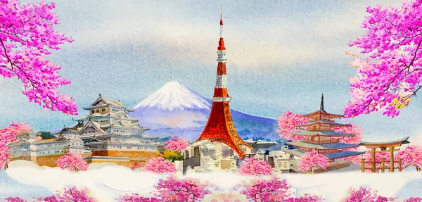 Suluboya resimler, popüler seyahat simgesi mimarisi, ünlü Tur simgeleri dünyası, El resmi Fuji arkaplanı, poster, kartpostal, Vector tarzı çizimler..