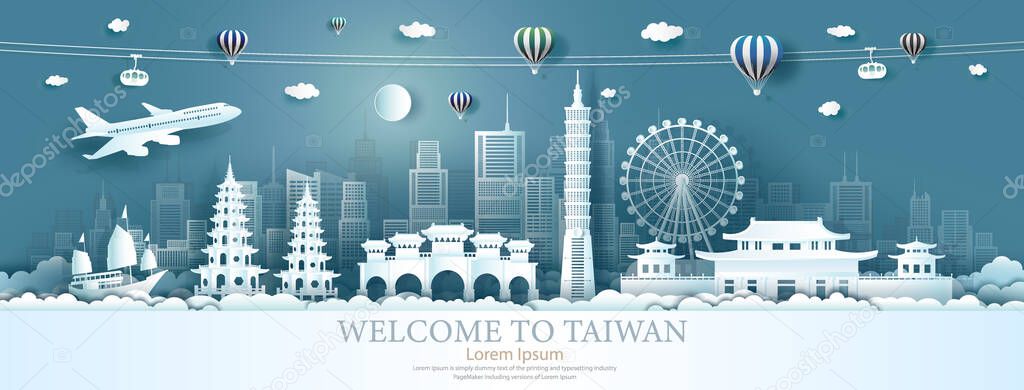 Travel Asia landmarks of Taiwan with airplane, sailing boat and balloons, Tour the world to China with panoramic cityscape popular capital, Origami paper cut style for advertising,Vector illustration.