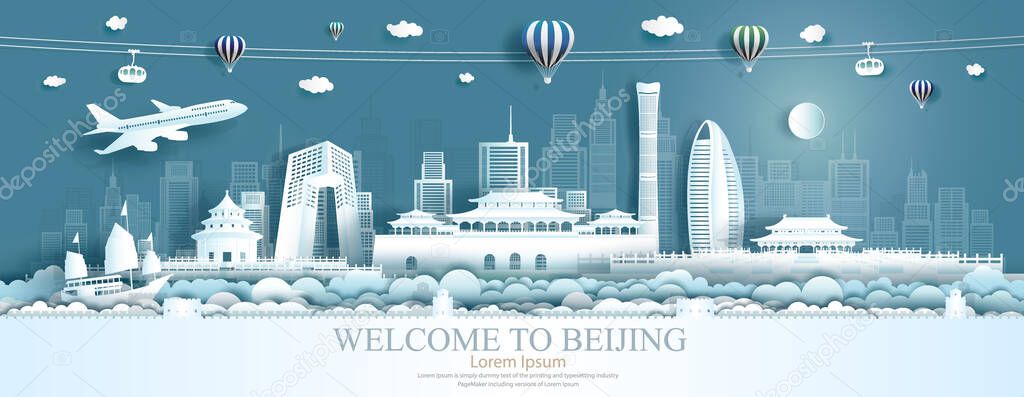 Travel Asia landmarks of Beijing with airplane, sailing boat and balloons, Tour the world to China with panoramic cityscape popular capital, Origami paper cut style for advertising,Vector illustration.