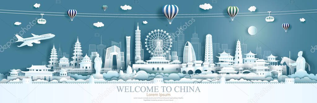 Travel China landmarks of Beijing, Taiwan, Xian with panorama city background, Travelling world to China with panoramic cityscape popular and famous capital, Origami paper cut style for advertising.