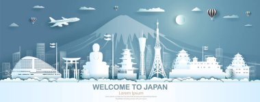 Japonya 'yı gezmek dünyaca ünlü tarihi simgeler kale antik mimari ve saray. Mavi arkaplan üzerine modern iş broşürü tasarımı. Kağıt origamisi ile Asya 'da turizm, Vektör illüstrasyonu.