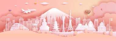Japonya 'yı gezin. Dünyanın en ünlü kalesi. Antik mimari ve saray. Pembe arkaplan üzerine modern iş broşürü. Kağıt origamisi ve Vector illüstrasyonuyla Asya 'nın Tokyo şehir simgesi..
