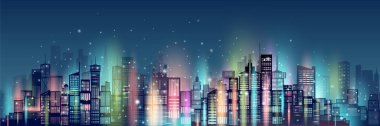 Modern mimaride soyut teknoloji neonu şehir merkezindeki gökdelen arka planı, Cityscape gökyüzü manzaralı bina fütüristik, Vector illüstrasyon ağı iletişimi koyu mavi.