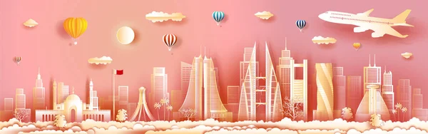 パノラマビューの建物 スカイライン 超高層ビルと旅行アーキテクチャバーレーン 現代的なビジネスパンフレットのデザイン 建築や街並みの背景を持つアラブのアジアのランドマークをツアー — ストック写真