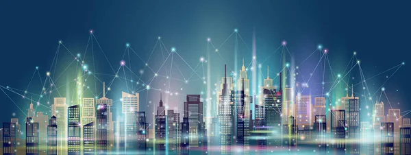 Wireless communication smart city and network technology in downtown skyscraper on blue background, Modern smart city and  architecture futuristic panoramic view, Vector illustration network city.