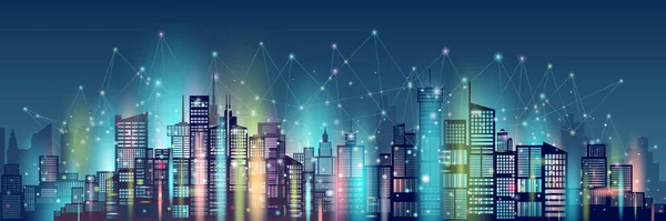 Technology wireless network communication smart city and network technology in downtown skyscraper on blue background,Modern smart city and  architecture futuristic panorama view,Vector illustration.