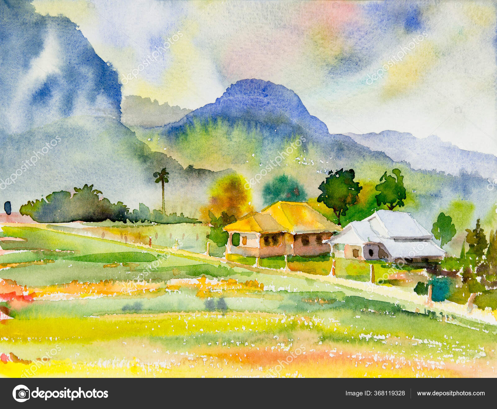 Paintings Watercolor Landscape Original Home Mountain Hill Cornfield Stock Photo by ©paint-mm 368119328