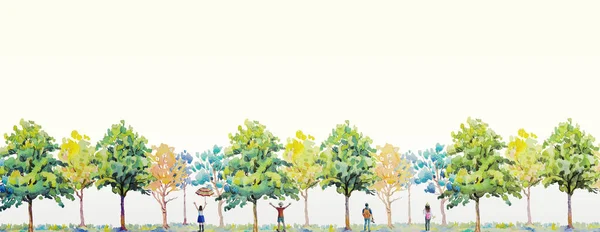 Akvarel Malování Krajiny Panorama Barevné Stromů Lesa Mladých Lidí Emoční — Stock fotografie
