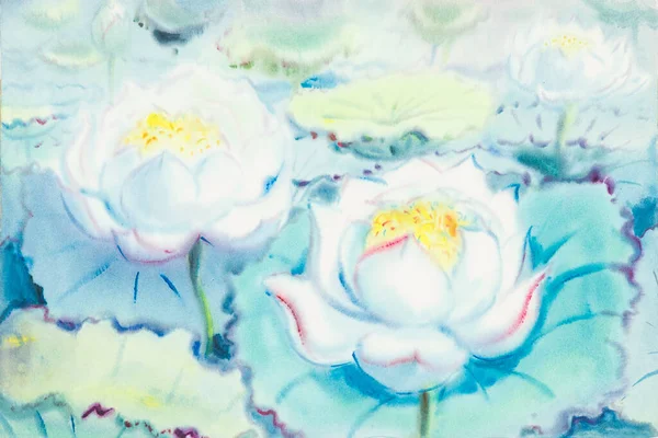Akvarel Originální Malba Bílé Květy Lotosu Zelené Listy Modrém Pozadí — Stock fotografie