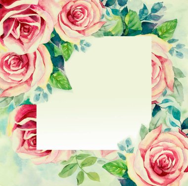 Bahar mevsiminde suluboya. Çiçeklerin kırmızısı, güllerin pembe rengi. Çiçekler. Kartpostal hediyeli el yapımı illüstrasyon.. 