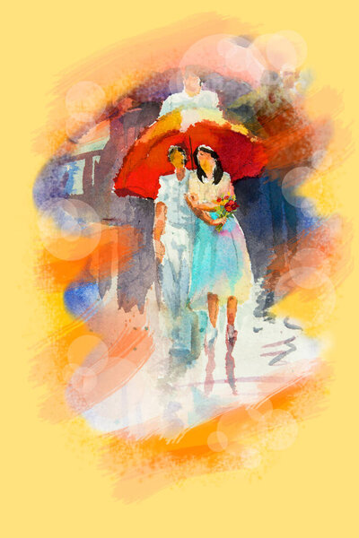 Rainy Day Colorful Watercolor Painting People Walking Street Men Women Stock Photo