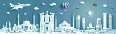Ürdün 'ün modern yapı, anıt ve antik mimari yapısını gezmek. Modern tasarım broşürü. Balon ve bulut arkaplanlı Asyalı turizm arap simgeleri. Seyahat simgesi çizimi.