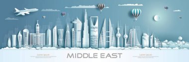 Asya 'nın modern mimari arka planına sahip Orta Doğu simgelerine seyahat edin. Arapçadan Suudi Arabistan 'a, Katar' a, Bahreyn 'e, BAE' ye, Kuveyt 'e, iş broşürlerine modern tasarım. Seyahat simgesi çizimi.