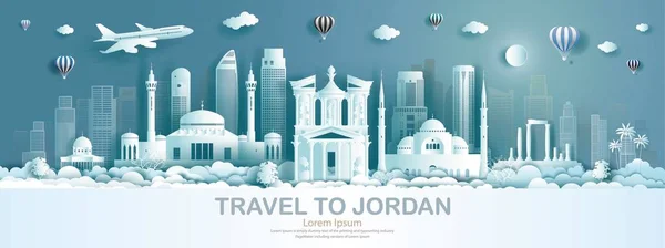 Travel architecture landmark of Jordan with modern building, monument, ancient. Business brochure modern design.Tourism arab landmarks of asian with balloon and cloud background.  Illustration for travel landmark.