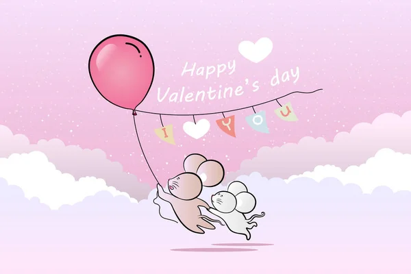 Drawing Cute Rat Flying Balloon Colorful Heart Lover Valentine Day — Stock Photo, Image
