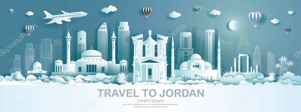 Travel architecture landmark of Jordan with modern building, monument, ancient. Business brochure modern design.Tourism arab landmarks of asian with balloon and cloud background.  Illustration for travel landmark.