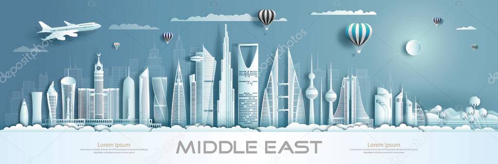 Travel to middle east landmarks of asia with modern architecture cityscape background. Tourism arab to Saudi arabia, Qatar, Bahrain, UAE, Kuwait, Business brochure modern design. Illustration for travel landmark.