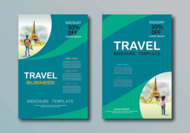 Seyahat işi için örnek sunum broşürü kapağı tasarım alanı, suluboya arka planlı reklam tasarımı, katalog, haber bülteni, web sitesi için A4 boyutunda illüstrasyon şablonu.
