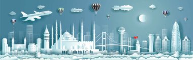 Panorama manzaralı şehir planına sahip Türkiye 'ye seyahat. Modern bina, gökdelen, gökdelen, iş broşürü modern tasarıma sahip şehir gezisi. Seyahat simgeleri için resim.