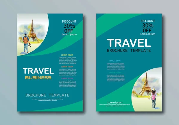 Sample presentation brochure cover design layout space for travel business, Advertising design with watercolor background, Illustration template in A4 size for catalog, newsletter, website.