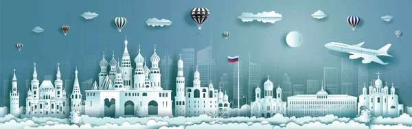旅行ロシアのトップ世界的に有名な都市の古代と宮殿の建築 紙のカットでヨーロッパのモスクワのランドマークをツアーします ツアー 旅行のためのモダンなビジネスパンフレットのデザイン 旅行名所図 — ストック写真
