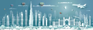Modern bina, gökdelen, gökdelen, modern iş broşürü ile BAE 'yi gezmek. Mimari şehir arka planına sahip Asyalı Birleşik Arap Emirlikleri' ne seyahat etmek. Seyahat posteri ve kartpostal çizimi.