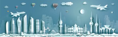 Modern bina, gökdelen, gökdelen ve gökdelen ile Kuveyt 'i dolaş. Arap modern tasarımlarının şehri turu. Orta Asya 'nın ve şehir merkezinin simgelerine seyahat. Seyahat posteri ve kartpostal çizimi.