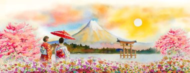 Japonya 'nın Fuji Dağı' nı gezmek - Asya 'nın ünlü simgeleri. Şemsiyeli geleneksel Japon kimonosu giyen bir kadın. Güneş gökyüzü arka planında suluboya resim, popüler tur cazibesi.