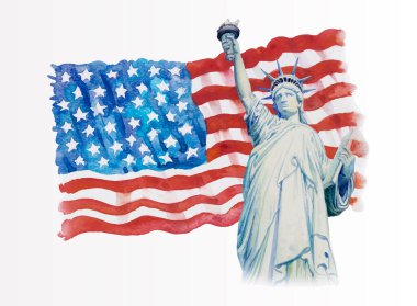 Amerikan bayrağında Özgürlük Heykeli. Beyaz arka planda çizilmiş. Dünyanın, iş dünyasının ünlü simgelerinin suluboya resimleri, el boyaması illüstrasyonlar, kopya alanı.